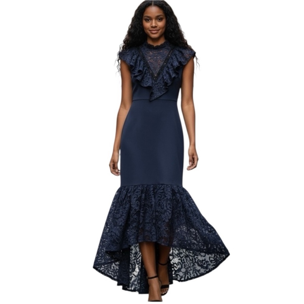 ASOS Navy Lace Maxi High Low Dress Elegant with Ruffle Size 0 NWT